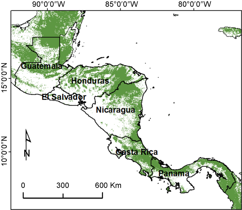 Central American study area and 2012 forest cover within focal countries.